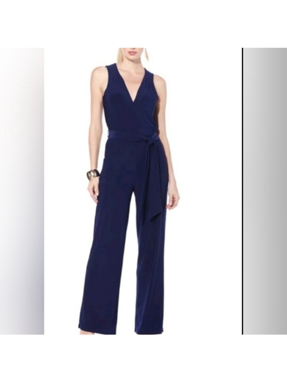 Sleeveless Navy V-Neck Wrap Jumpsuit with Self Tie Waist
